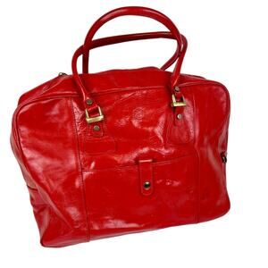 Valentina Red Leather Tote Overnight Bag with Gold Hardware Made in Italy